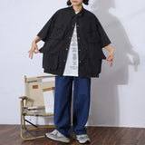 Toloer Cityboy Solid Color Multi-Pocket Overalls Short-Sleeved Shirt Men And Women Loose Retro Function Shirt