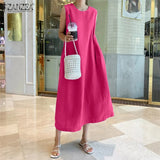 Sleeveless A Line Robe Beach Casual Loose Vestidos 2021 Summer Cotton Linen Tank Dresses ZANZEA Fashion Solid Maxi