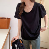 And Autumn New U-Shaped Collar Open Fork Medium-Long Loose Casual White Long-Sleeved T-Shirt-Outfit