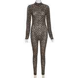 Leopard Print Mesh Skinny Jumpsuit Women One Shoulder Sleeveless Patchwork Fitness Party Activewear Basic Wild Female