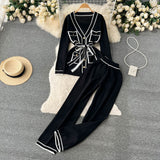 Fashion Sweater Two Pieces Sets Ladies Long Sleeve Knit Cardigan+Wide Leg Knit Long Pant Sets Women OL Knitted