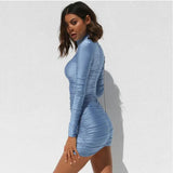 Sky Blue Smocking Ruffle Mini Dress Long Sleeve Women Sexy Bodycon Party Dress High Neck Slim Dres Vestido