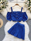 Strap Women Set Drawstring Summer 2022 Fashion Single Breasted Backless Tops+ Mini Skirt Korean Style Two Piece