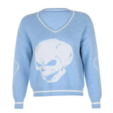 Punk Print Vintage Y2K Knit Sweater V Neck Long Sleeve Casual Jumper Ladies Autumn Winter Korean Pullover