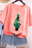 100% Cotton L-5XL Plus SizeT Shirt Short Sleeve Cartoon Tshirt Women Top Summer Sweet Couple V Neck Oversized T