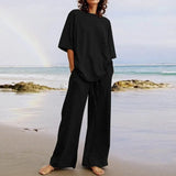 Celmia Fashion Women 2pcs Sets 2022 Summer Casual Loose Holiday Pocket Belted Set Half Sleeve O-neck Top and Wide Leg Pant