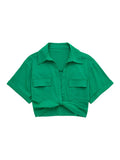 Women Safari Style Pockets Patch Knotted Linen Short Smock Blouse Lady Chic Kimono Cropped Shirt Blusas Tops-Outfit