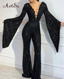 Flare Sleeve Clubwear Women Fashion Sequins Party Jumpsuits Sexy Low Cut Long Pants Overalls Female