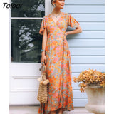 Vintage Floral Print Women Long dress Summer High Waist Wrap Sexy Dresses Hippie Holiday Ladies Beach Boho Dress