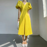 TWOTWINSTYLE Casual Yellow Dress For Women V Neck Puff Sleeve High Waist Solid Minimalist Elegant Midi Dresses Female Summer