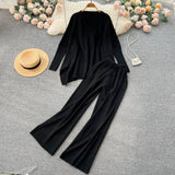 Winter Loose Irregular Knitted Two Pieces Suits V Neck Knitwear+Wide Leg Long Pant Women Streetwear Solid Sweater