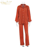 Causal Loose Home Suit Autumn Long Sleeve Blouse With High Wasit Pants Set Women Elegant Pleated Beige 2 Piece Pant