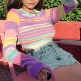 Cute Sweet Autumn O-neck Long Sleeve Straped Sweaters Casual Looesd Rainbow Knitted Pollovers Streetwear Chic New