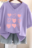 100% Cotton L-6XL T Shirt Plus Size Tshirt Short Sleeve Women Top Summer Heart Print Sweet V Neck Oversized T