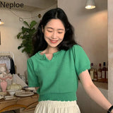 Fashion Women T Shirts Vintage Knit Cropped Sweater Tops Korean Puff Sleeve Woman Tshirts Summer 2023 Femme Ruffles
