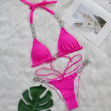 Toloer Style Bikini Sexy Crystal Diamond Split Swimsuit Female Solid Color Strap 2023
