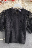 Mujer De Moda 2023 Vintage Puff Sleeve Blouses Hollow Out Crochet Floral Crop Tops Korean Summer Elegant Lace