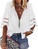 Zipper Half Bell Sleeve Mesh Solid Color Stitching Loose Casual Women's