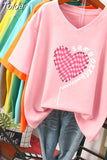 100% Cotton L-6XL T Shirt Plus Size Tshirt Short Sleeve Women Top Summer Heart Print Couple V Neck Oversized T