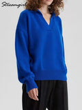 Polo Sweaters For Women Oversize Green Knit Tops Autumn Loose Womoen's Knitted Pulls Blue Pullover Women Oversize
