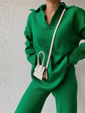 Women's Trousers Suit 2022 Winter Loose Solid Polo Neck Two Piece Set Casual Long Sleeve Knitwear+Wide Leg Pants