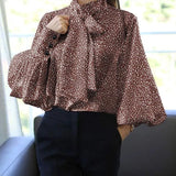 2022 Fashion Bow Tie Elegant Top Women Lantern Sleeve Printed Blouse Elegant Ladies Shirt High Collor Casual Party