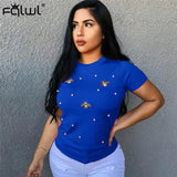 Loose Women Short Sleeve Pearl Beading Tshirt Ladies Tee Tops Summer Solid Weekend Casual Fit Round Neck Basic T