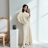 And Winter Solid Color Round Collar Open Fork Sweater Set Women's Loose Knitting Tops Broad Leg Pants Two