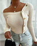 Stripe Women Sweater Sexy Slim Fit Stitching Button Long Sleeve Pullover Multicolor Crew Neck Knitwear Plus Size