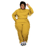Size Women Fall Clothing Wholesale Hoodie Sweatsuit Solid Long Sleeve Tassel Casual Tracksuit Two Piece Set