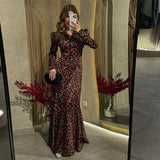 New Women's V-Neck Print Long Sleeve Open Fork Thin Waist