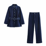 For Women's INS Burst Belt Collar Denim Jacket + Trousers