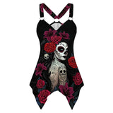 Women Tank Tops Gothic Skull Print Irregular Hem Sleeveless Shirt Summer Ladies Casual V Neck Grqaphic Tee