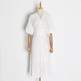 Vintage Dress For Women V Neck Puff Half Sleeve Ruched Tunic Hollow Out Designer Loose Mid Dresses Female 2023