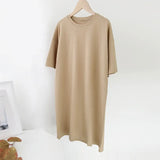 Women Casual Loose Solid 100% Cotton T Shirt Dress O Neck Mini Dress Batwing Short Sleeve Basic Dresses