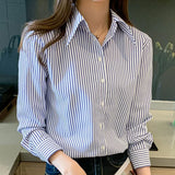 Sleeve Stirped Chiffon Blouse Shirt Tops Blouse Women Blusas Mujer De Moda 2021 Turn Down Collar Office Blouse Blusa