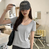 Solid Color U-Collar Short-Sleeved T-Shirt Women's Spring And Summer New Elastic Leisure Slim And Skinny Bottomed Blouse-Outfit