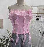 Real Shooting Pure Wind Lotus Leaf Side With A Word Shoulder Bra Small Vest Short Three-Dimensional Flowers Sleeveless Top