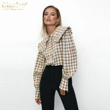 Fashion Woman Blouses 2022 Autumn Doll Collar Long Sleeve Office Lady Shirts Elegant Loose Lattice Tops Female