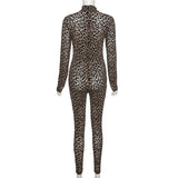 Leopard Print Mesh Skinny Jumpsuit Women One Shoulder Sleeveless Patchwork Fitness Party Activewear Basic Wild Female