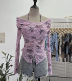 Real Shot Shoulder Strap Hanging Neck Pure Lust Wind Long-Sleeved T-Shirt Repair Cross-Folded Open Fork Short Top