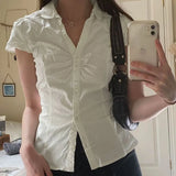 New Summer Women's Wear Small Pleated Leisure Buckle Solid Color Simple Back Strapped Short-Sleeved Shirt-Outfit