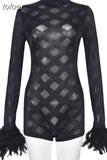 Fall Sexy Solid Mesh Sheer Feather Bodycon Romper Fall Outfit For Women 2023 Long Sleeve O Neck One Pieces Female