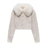 Women Autumn Long Sleeved Hoodie Cardigan Fluffy Plush Patchwork Pompom Drawstring Sweater Coat Solid Color Slim White