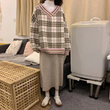 Plaid Knitted Sweater Women Pullover Oversized Winter Jumpers Casual Long Sleeve Sweaters Lady Loose V Neck Top Warm