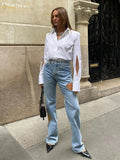 Sexy Blue Hollow Out Jeans Woman Fashoin Slim High Waist Straight Pants Streetwear Full Length Denim Trousers