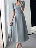Square Collar Casual French Midi Dress for Women Elegant Party Ladies Pleated A-Line Femme Fashion Bodycon Dress