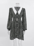 Elegant Women Dress Party 2022 Peter Pan Collar Ladies Vintage Floral Dress Sash Puff Sleeve A-Line Dress