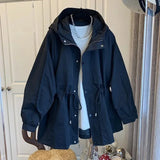 Women Full Sleeve Trench Coats Zipper Hooded Cardigan Solid Drawstring Tight Waist Splice Autumn Winter Casual Loose-Outfit