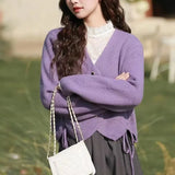 Left Bank Lazy Purple V-Neck Knitted Cardigan Blouse 2024 Autumn And Winter New Small Sweater Coat-Outfit